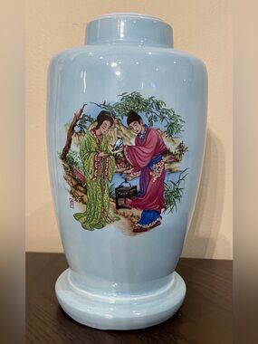 Vintage Ceramic Vase Asian Art Figural Hand Painted Blue